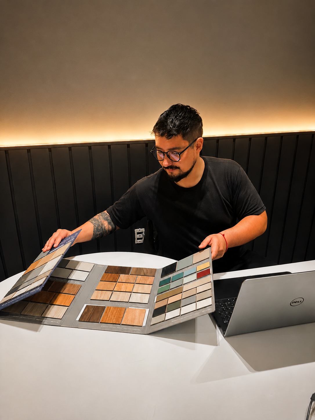 Designer da TORO.ARQDESIGN analisando amostras de materiais e acabamentos
