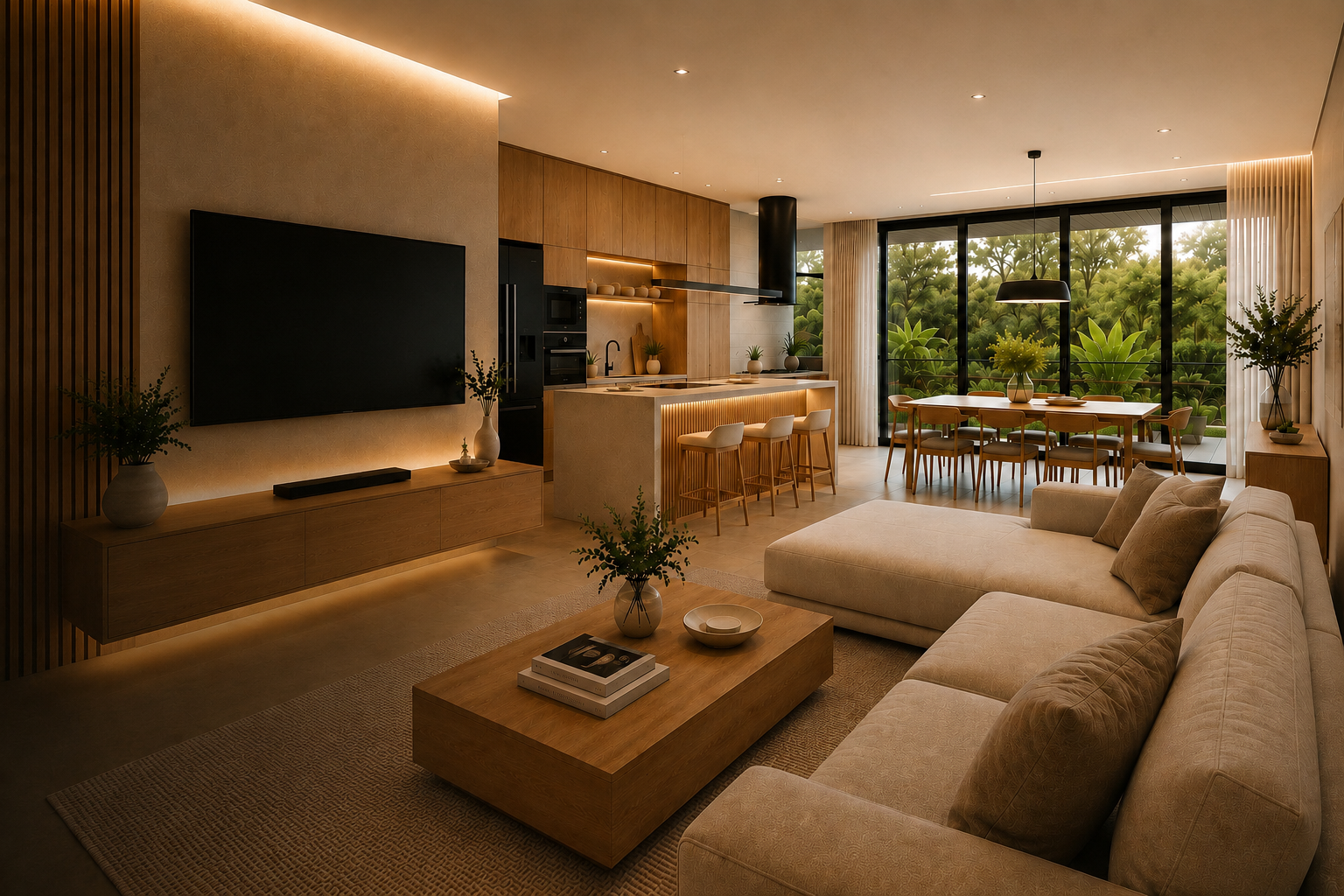 Living integrado com cozinha e sala de jantar projetado pela TORO.ARQDESIGN